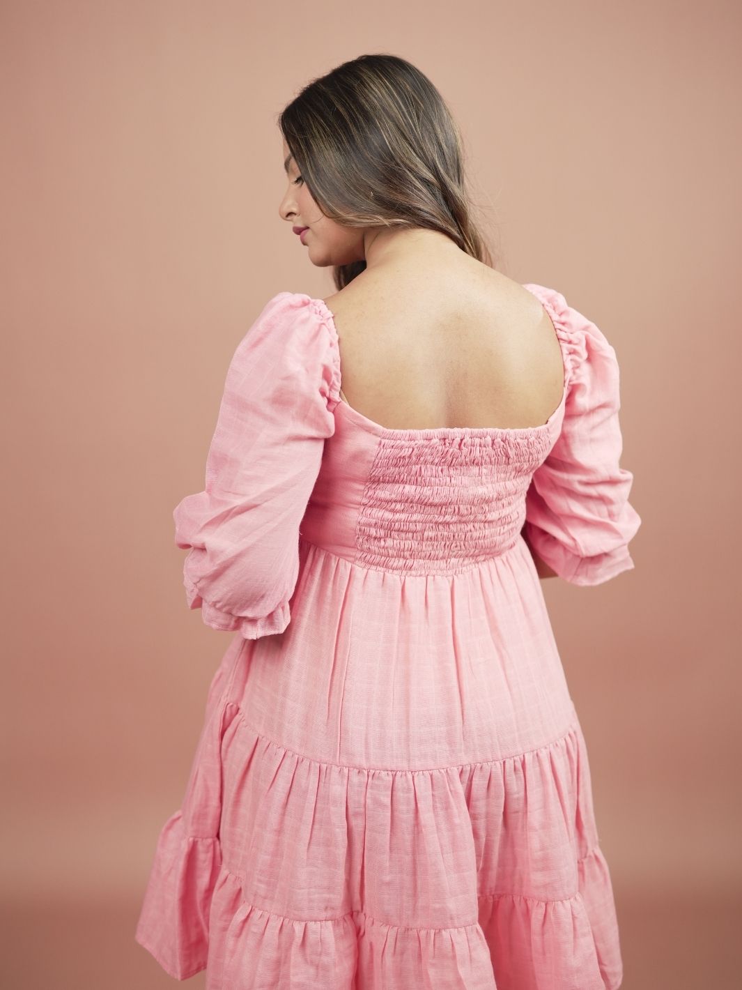 Blossom Pink Short Tiered Dress made of 100% cotton, featuring a romantic flowy design, perfect for summer parties, casual outings, and everyday wear.