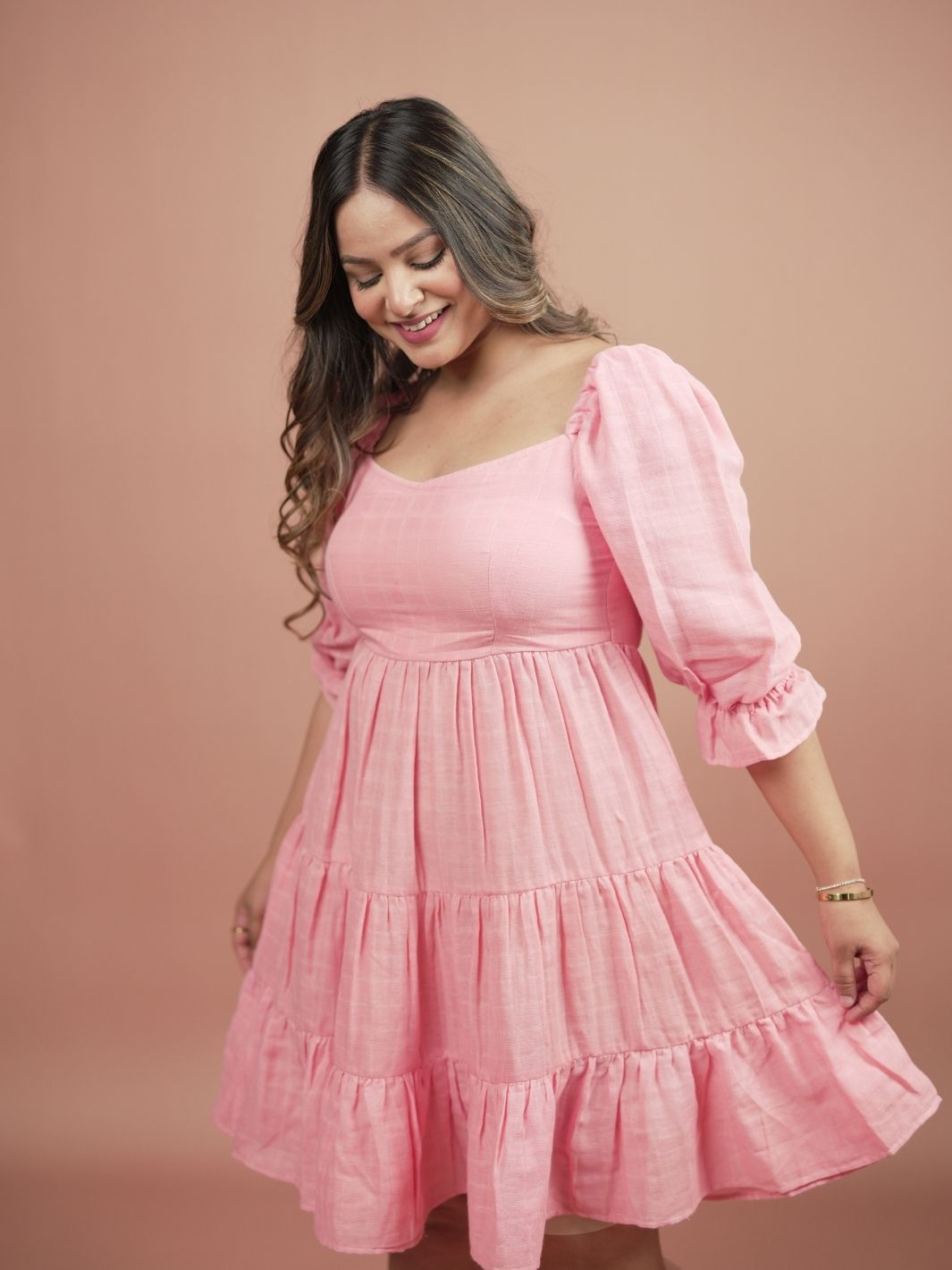 Blossom Pink Short Tiered Dress made of 100% cotton, featuring a romantic flowy design, perfect for summer parties, casual outings, and everyday wear.