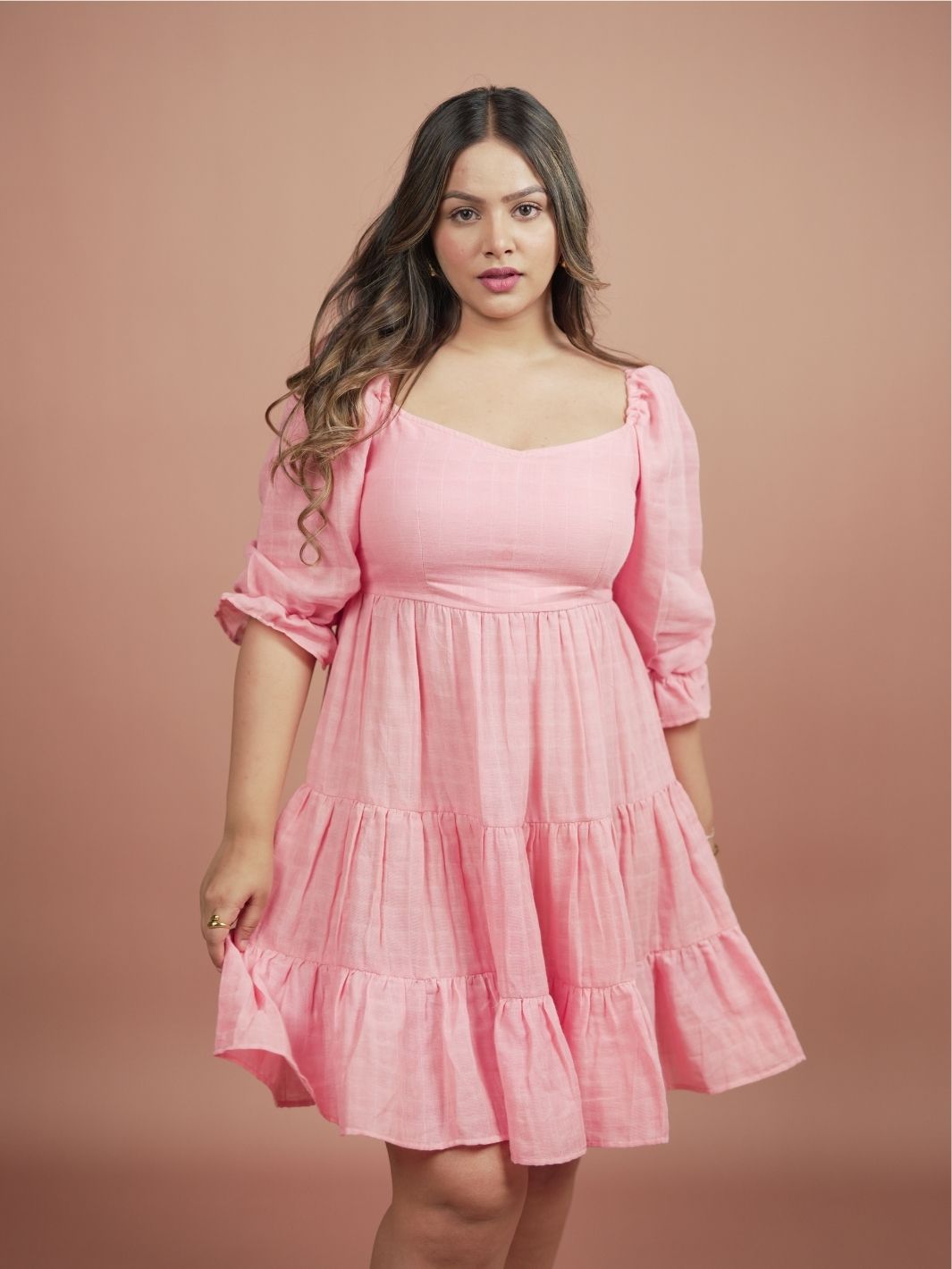 Blossom Pink Short Tiered Dress made of 100% cotton, featuring a romantic flowy design, perfect for summer parties, casual outings, and everyday wear.