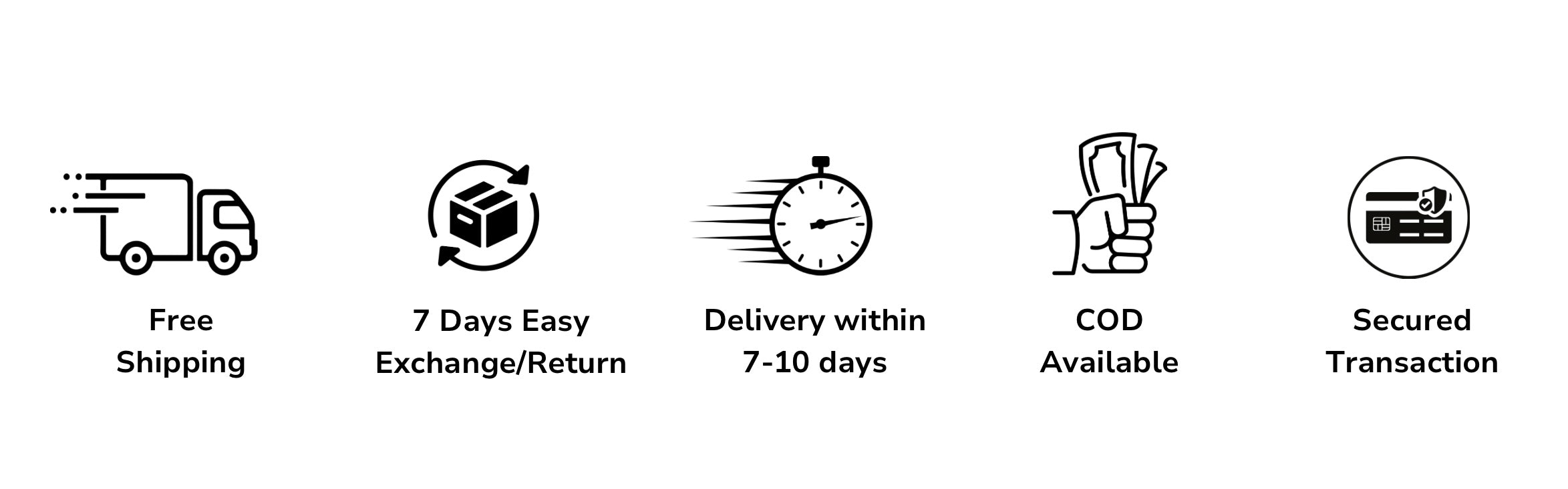 Free shipping, 7-day exchange and return, delivery in 7 days, cash on delivery transactions, and secure payments.
