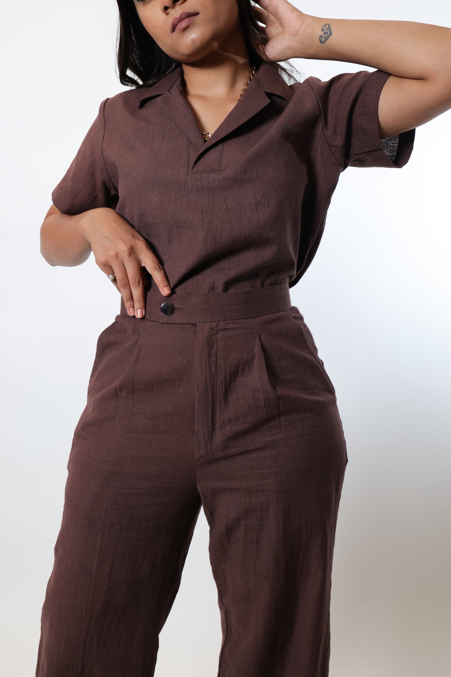 Bark brown co-ord set, two-piece brown outfit with top and pants, perfect for casual wear or office workwear.