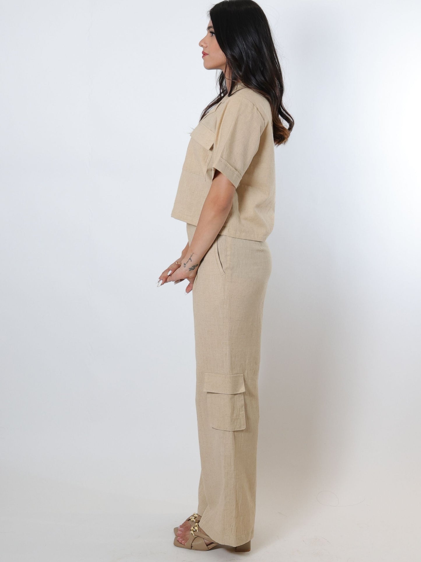 Sand beige shirt and cargo pant co-ord set for women, crafted from cotton blend fabric, featuring a relaxed fit shirt with front pockets and cargo pants with multiple side pockets, perfect for versatile everyday wear with a cool and casual style.