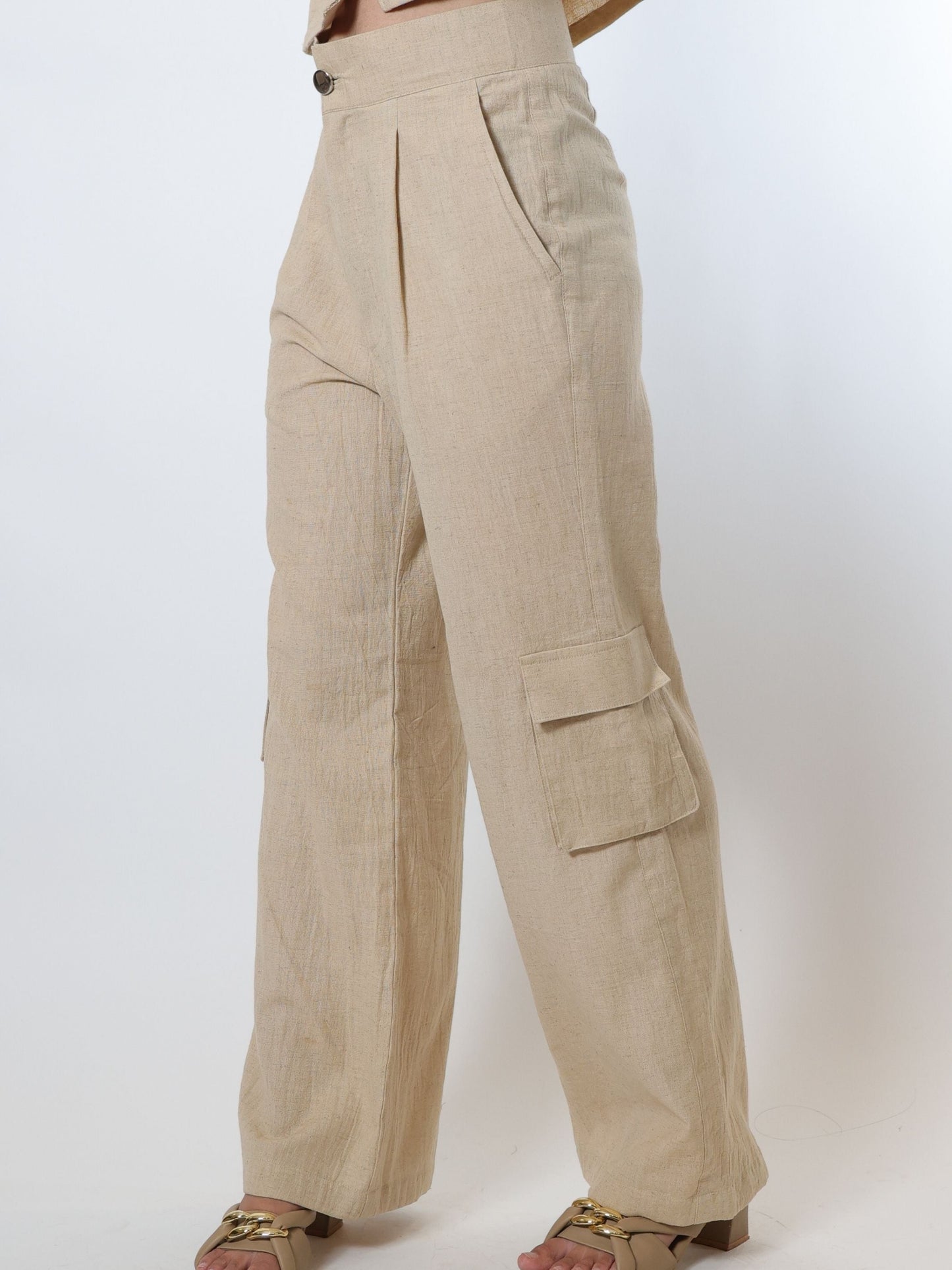 Sand beige shirt and cargo pant co-ord set for women, crafted from cotton blend fabric, featuring a relaxed fit shirt with front pockets and cargo pants with multiple side pockets, perfect for versatile everyday wear with a cool and casual style.
