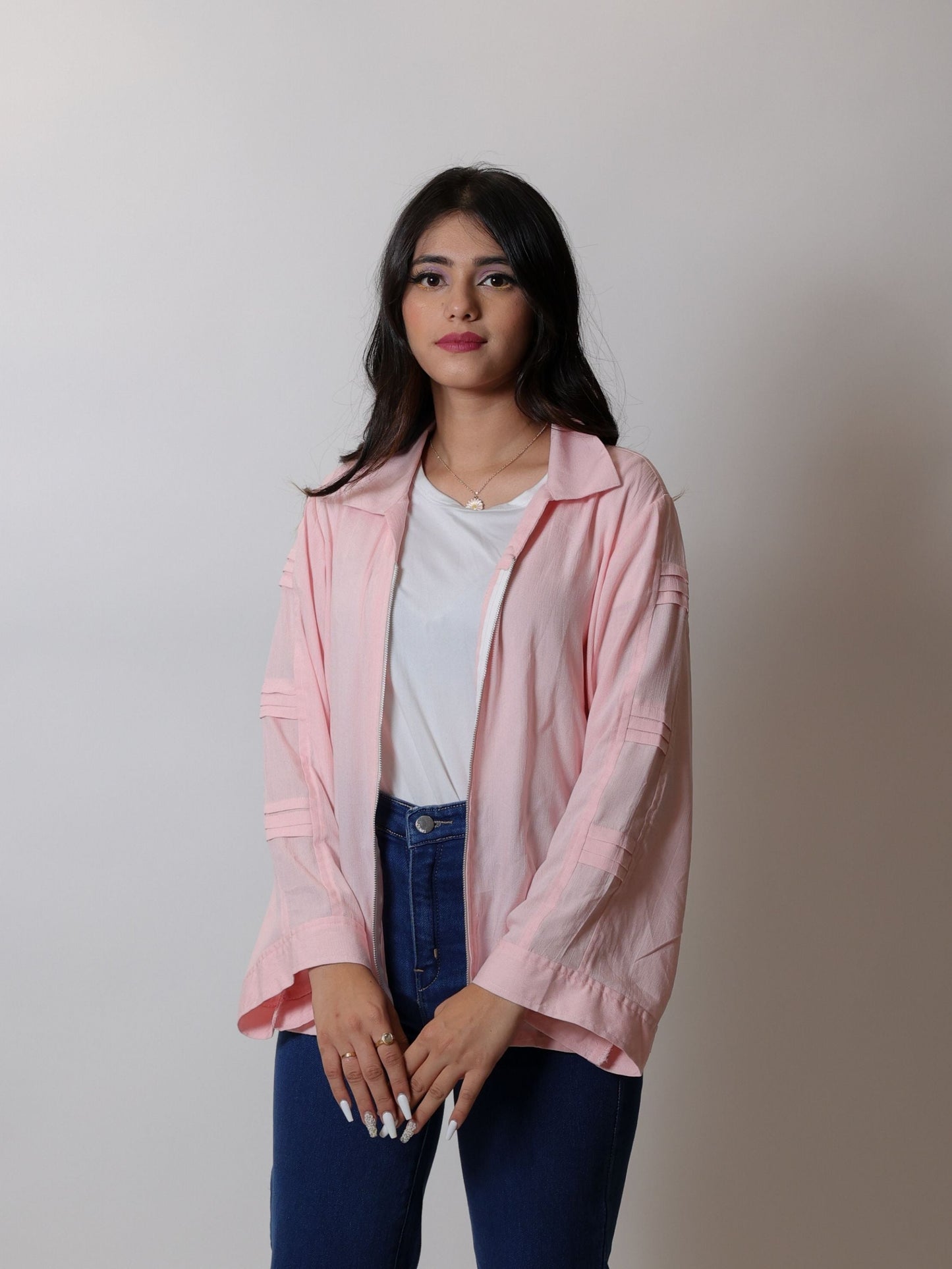 Flamingo Pink Zipper Shirt featuring a modern zipper detail and vibrant flamingo pink color, ideal for casual outings, stylish layering, or adding a pop of color to any outfit. This fashionable shirt combines comfort and trendiness for versatile wear.