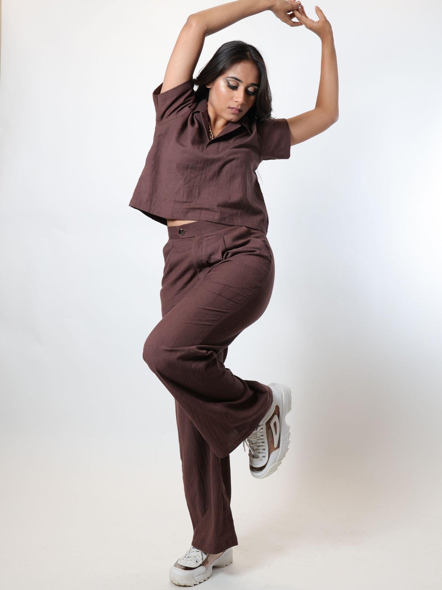 Bark brown co-ord set, two-piece brown outfit with top and pants, perfect for casual wear or office workwear.
