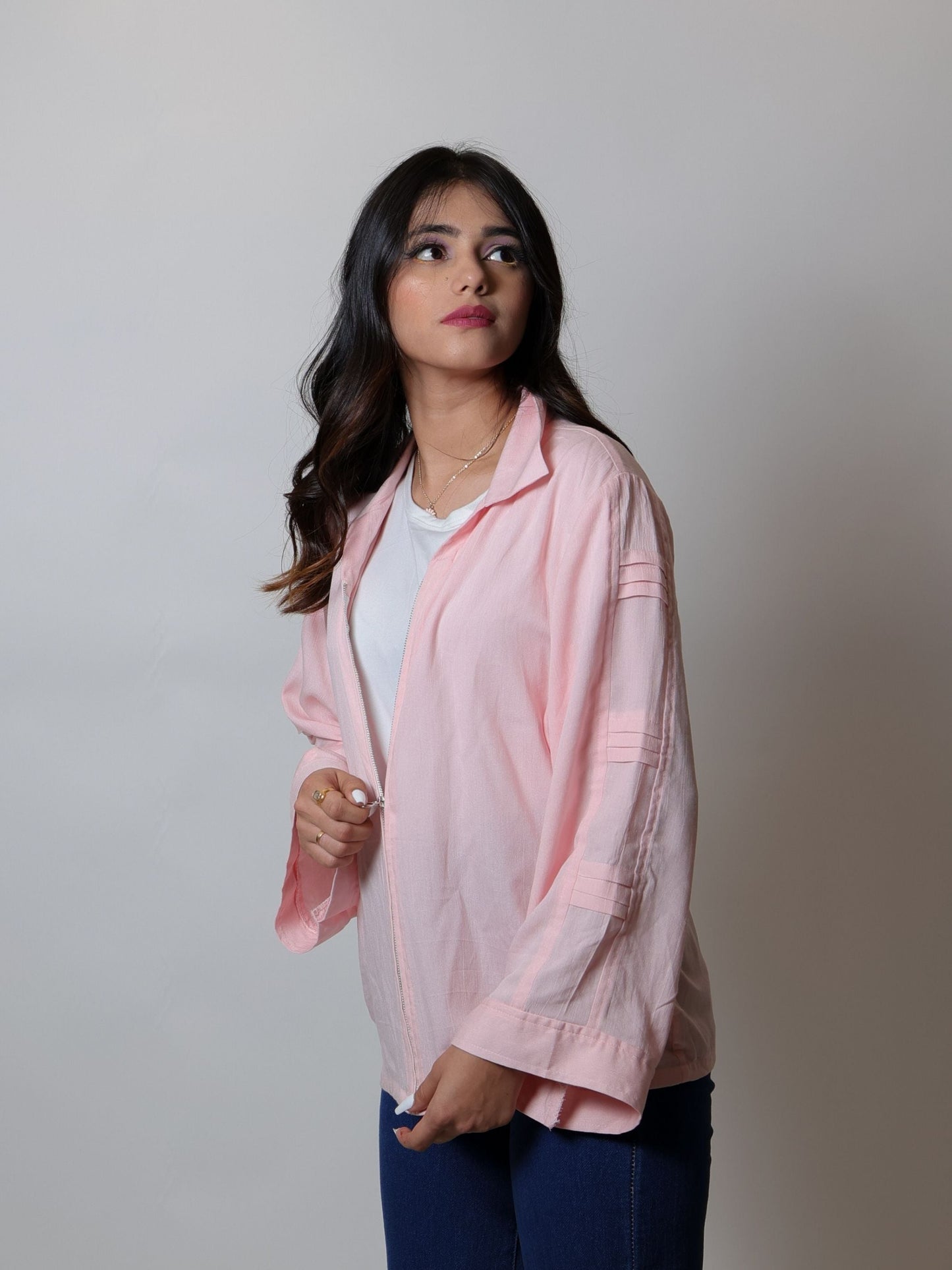 Flamingo Pink Zipper Shirt featuring a modern zipper detail and vibrant flamingo pink color, ideal for casual outings, stylish layering, or adding a pop of color to any outfit. This fashionable shirt combines comfort and trendiness for versatile wear.