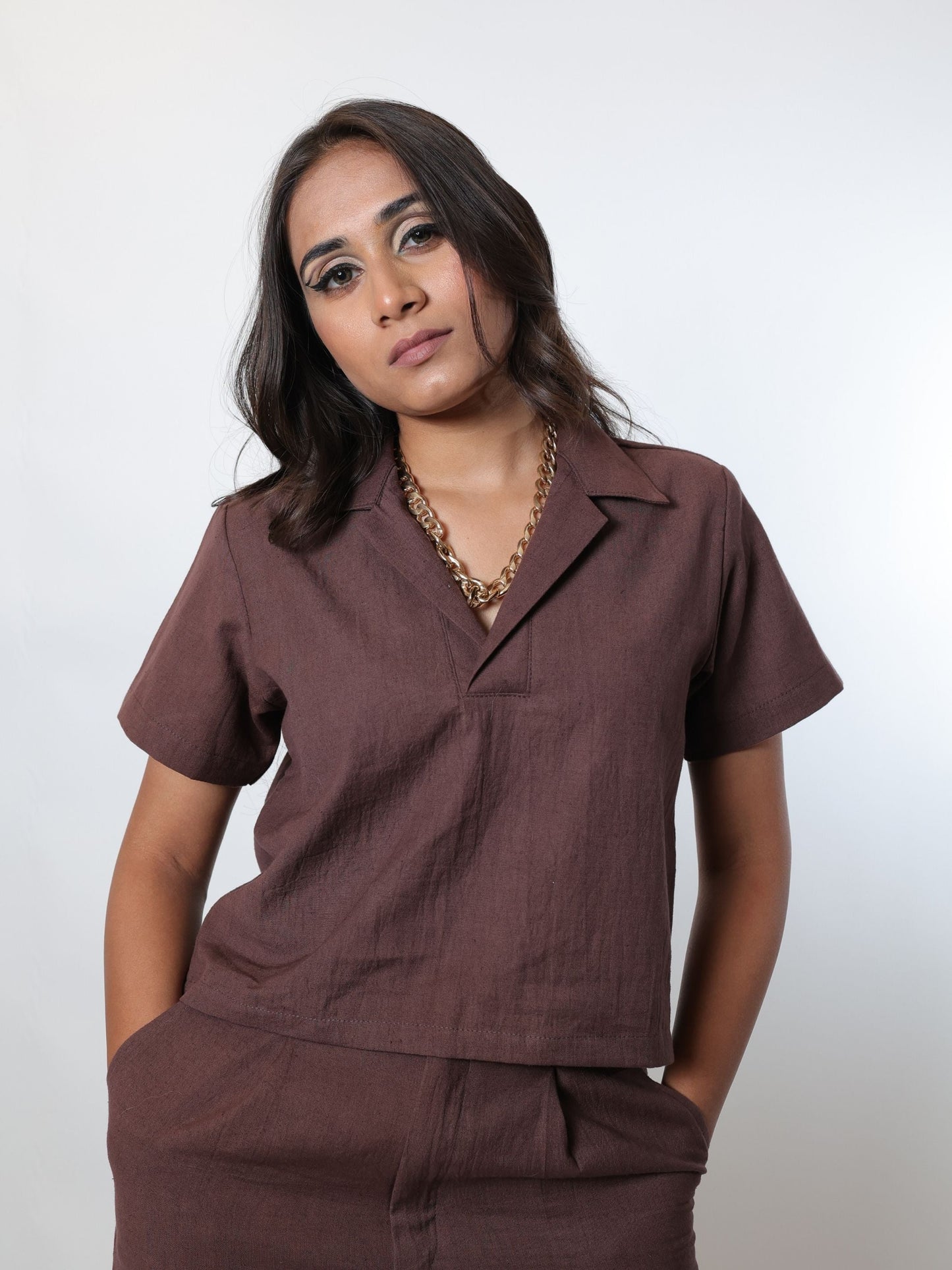 Bark brown co-ord set, two-piece brown outfit with top and pants, perfect for casual wear or office workwear.