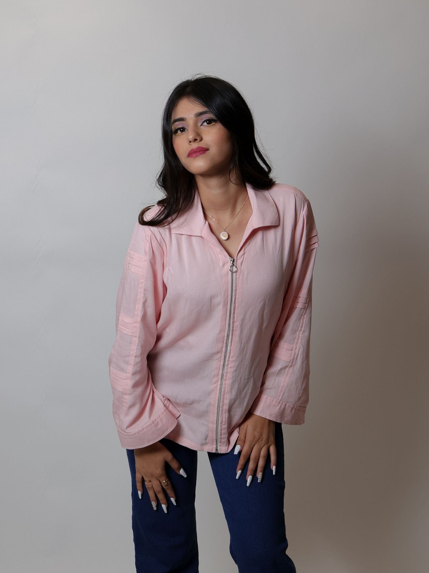 Flamingo Pink Zipper Shirt featuring a modern zipper detail and vibrant flamingo pink color, ideal for casual outings, stylish layering, or adding a pop of color to any outfit. This fashionable shirt combines comfort and trendiness for versatile wear.