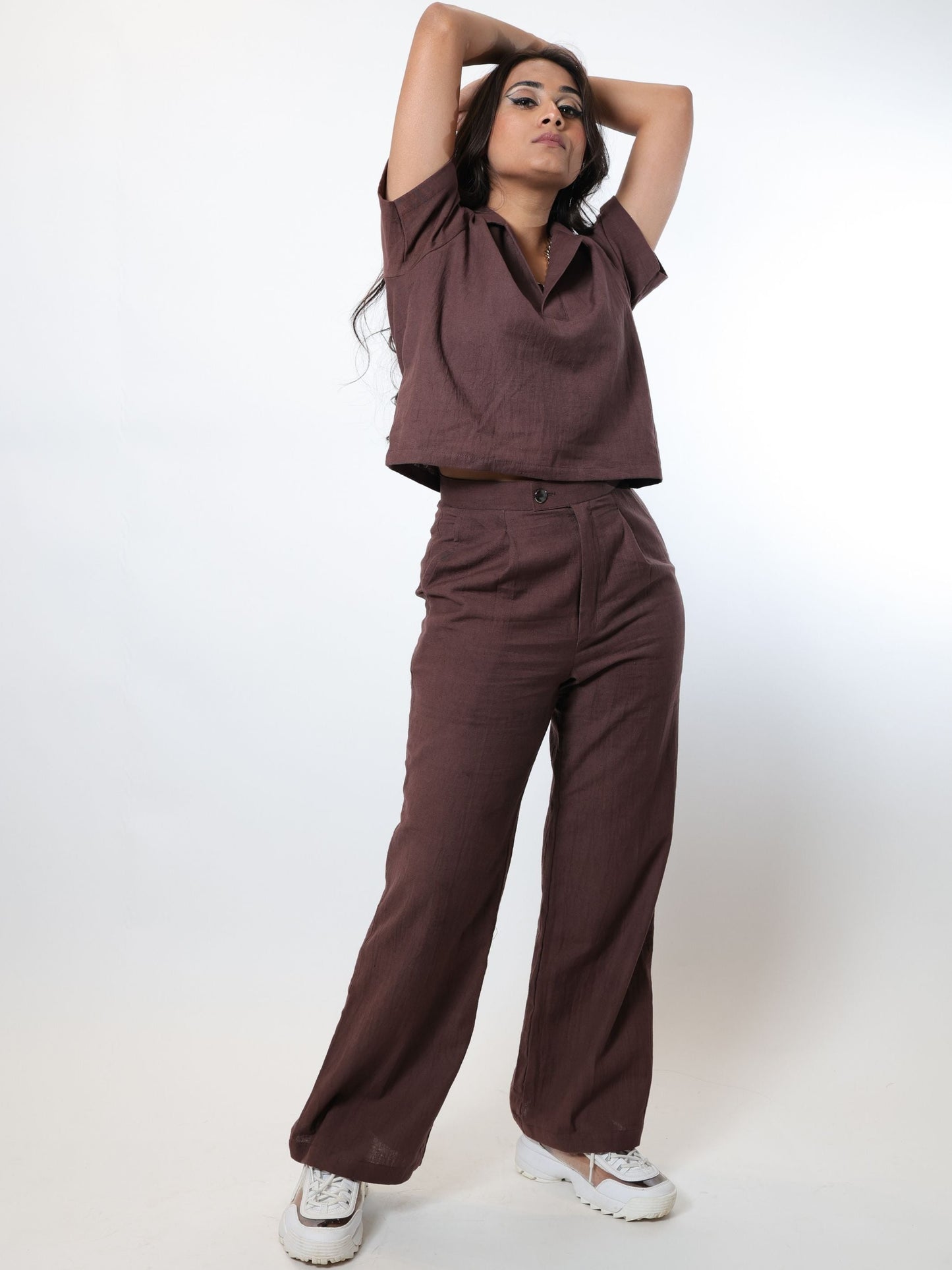 Bark brown co-ord set, two-piece brown outfit with top and pants, perfect for casual wear or office workwear.