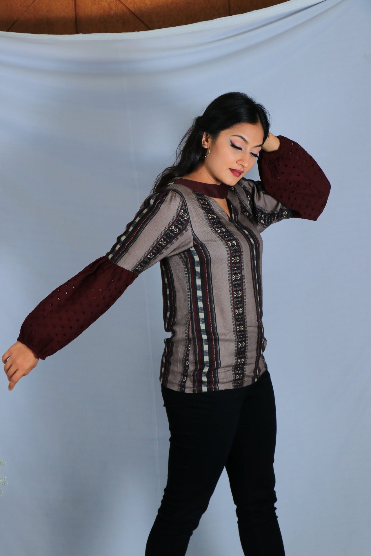 Grey top with digital printed pashmina twill and maroon balloon chikan sleeves, boat neckline, stylish and comfortable for casual or formal wear.