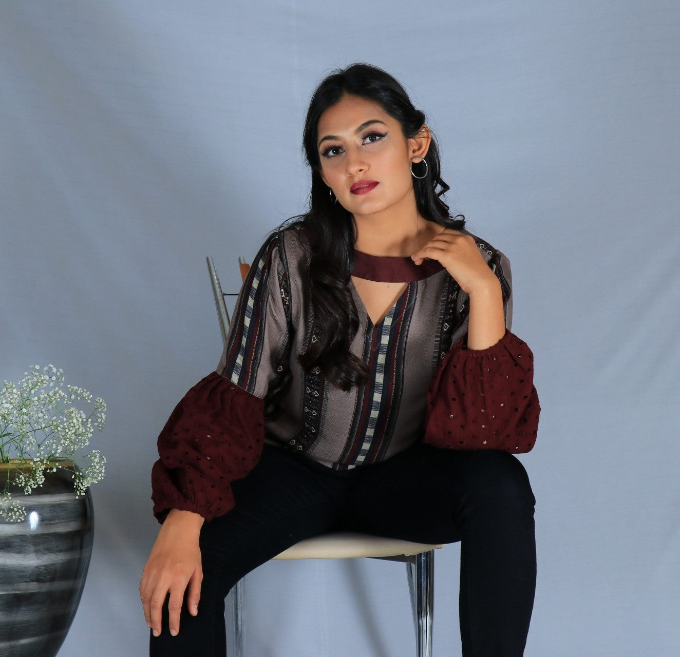 Grey top with digital printed pashmina twill and maroon balloon chikan sleeves, boat neckline, stylish and comfortable for casual or formal wear.