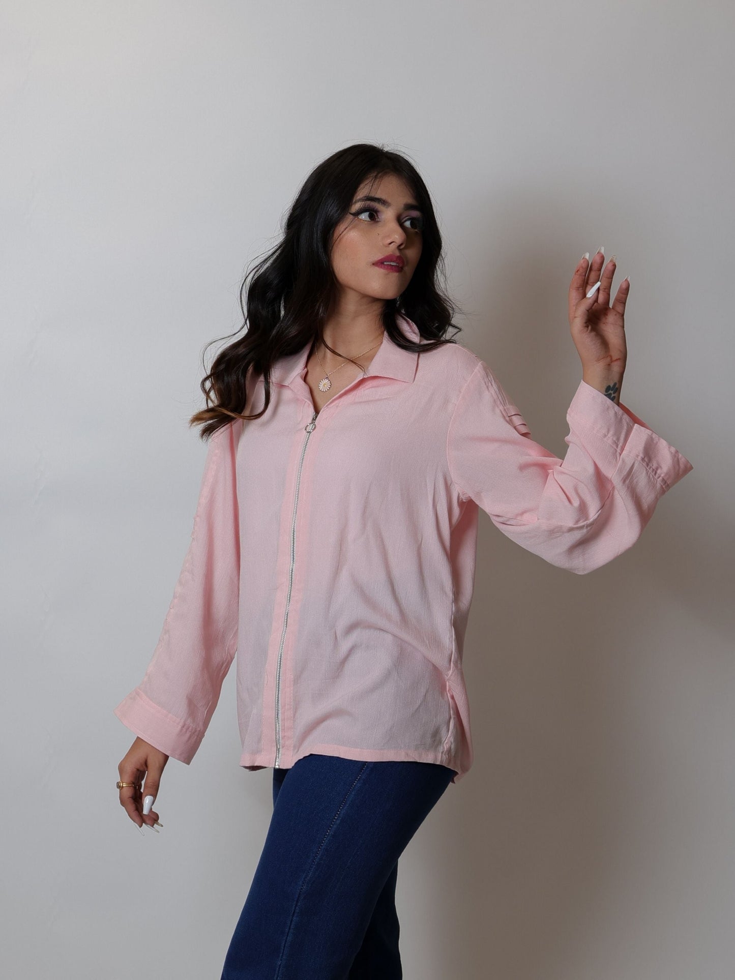 Flamingo Pink Zipper Shirt featuring a modern zipper detail and vibrant flamingo pink color, ideal for casual outings, stylish layering, or adding a pop of color to any outfit. This fashionable shirt combines comfort and trendiness for versatile wear.