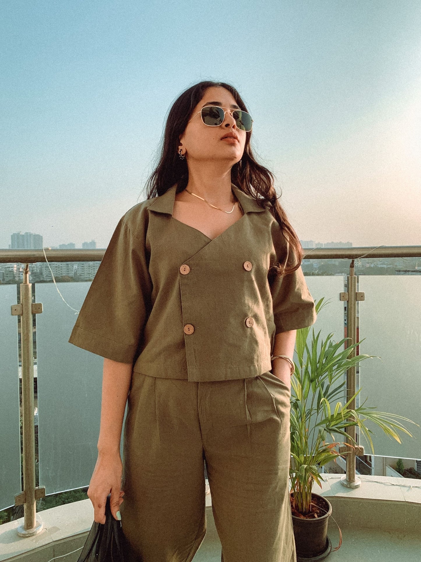 Olive shirt and pant co-ord set for women, stylish and versatile matching outfit, perfect for casual wear, office attire, or relaxed outings,