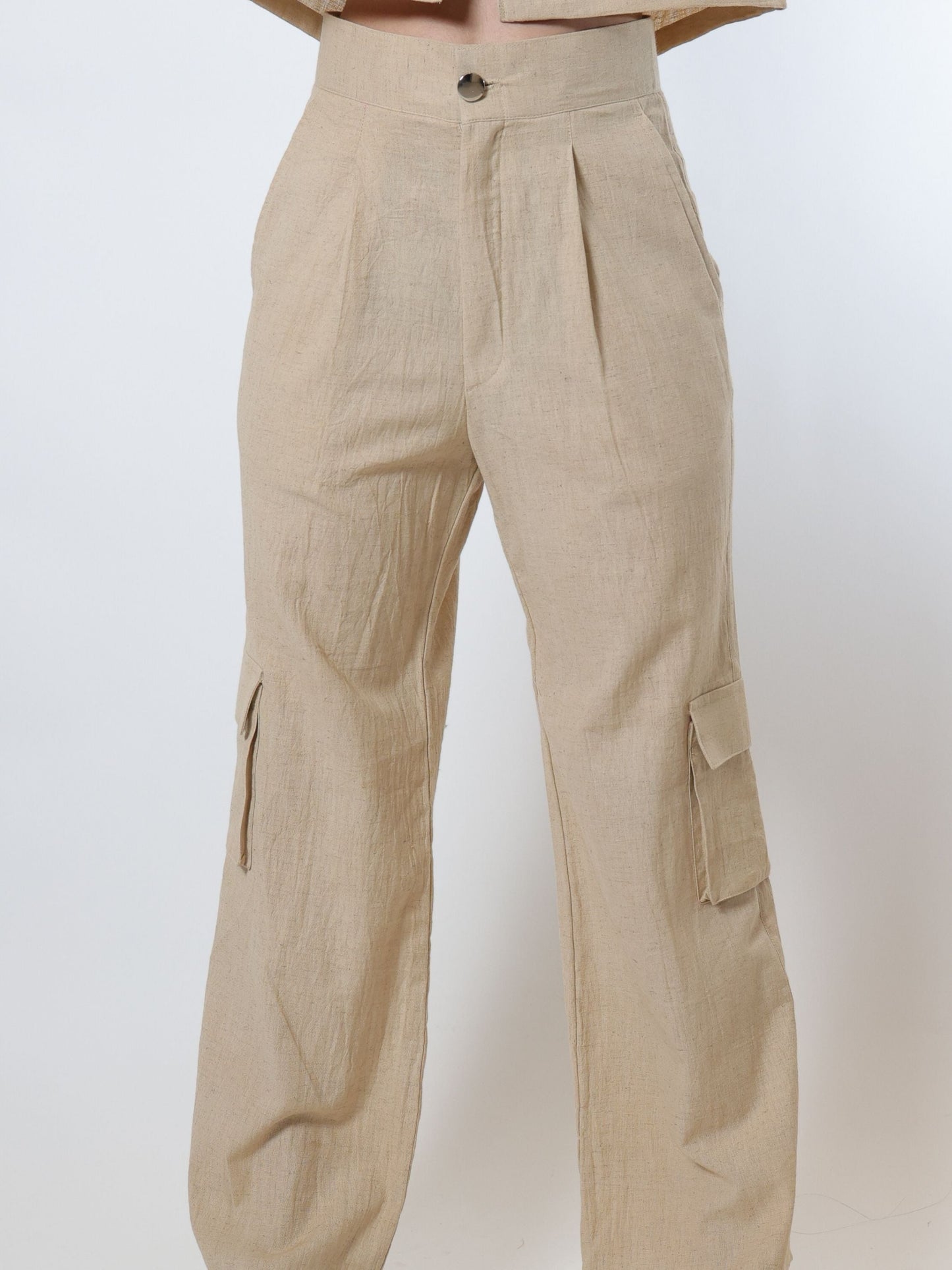 Sand beige shirt and cargo pant co-ord set for women, crafted from cotton blend fabric, featuring a relaxed fit shirt with front pockets and cargo pants with multiple side pockets, perfect for versatile everyday wear with a cool and casual style.