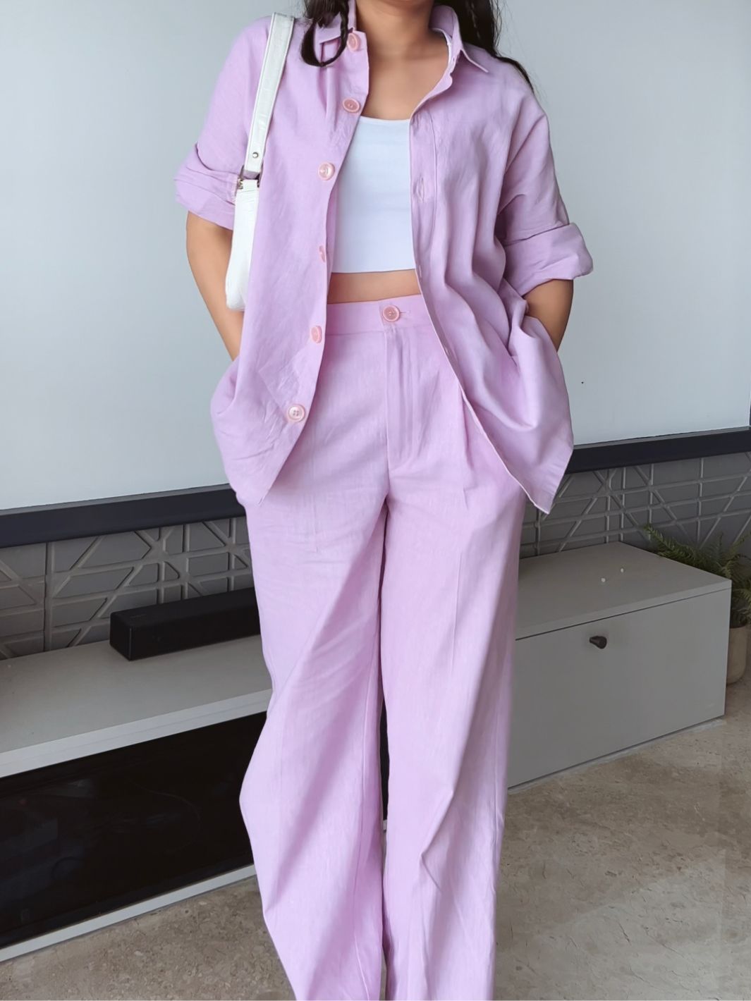 Lilac shirt and pant co-ord set for women, best-selling matching outfit, soft and stylish, perfect for casual wear, work attire, or chic summer looks.