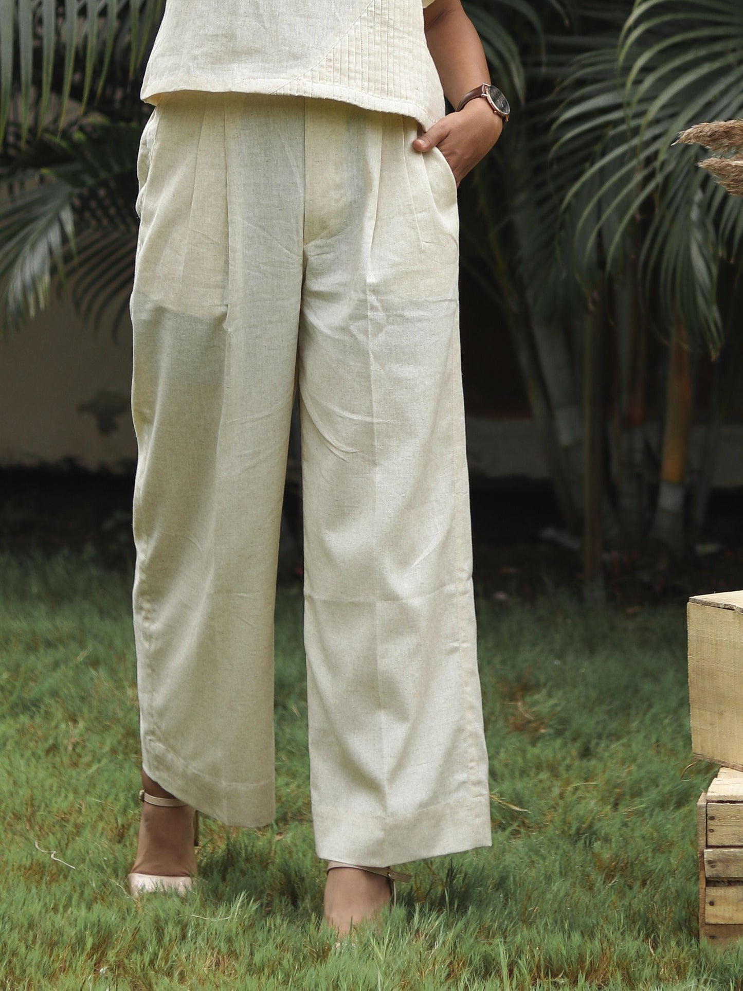 Ivory top and pant co-ord set for women, elegant matching outfit, lightweight fabric, perfect for casual wear, summer outings, or chic evening look.