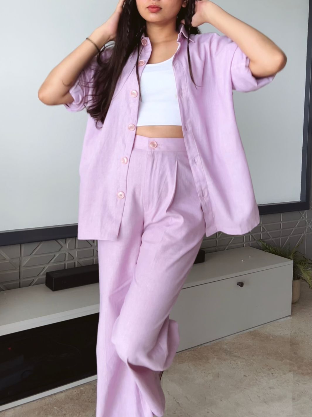 Lilac shirt and pant co-ord set for women, best-selling matching outfit, soft and stylish, perfect for casual wear, work attire, or chic summer looks.