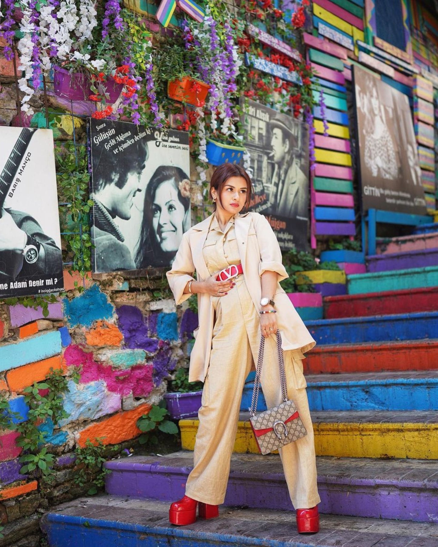 Sand beige shirt and cargo pant co-ord set for women, inspired by Avneet Kaur’s style, crafted from cotton blend fabric with a relaxed fit shirt featuring front pockets and cargo pants with multiple side pockets, perfect for versatile everyday wear with a cool and casual look.