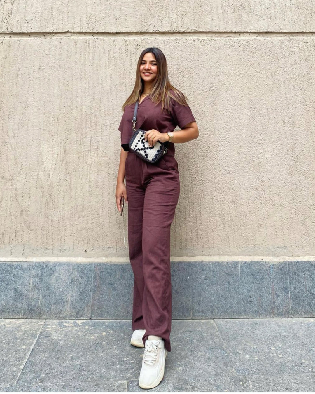 Bark brown co-ord set, two-piece brown outfit with top and pants, perfect for casual wear or office workwear.