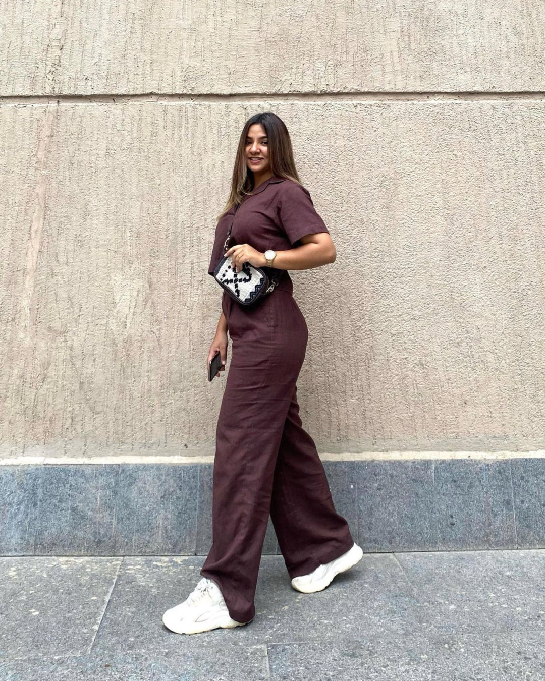 Bark brown co-ord set, two-piece brown outfit with top and pants, perfect for casual wear or office workwear.