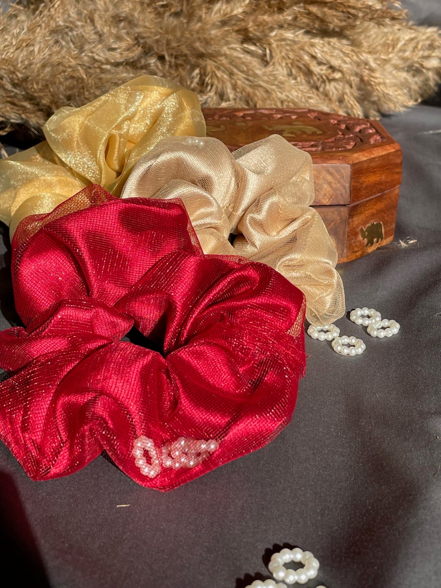 Lights on scrunchies for women, decorative hair accessories with beads, fun and stylish for parties, festivals, or night events.