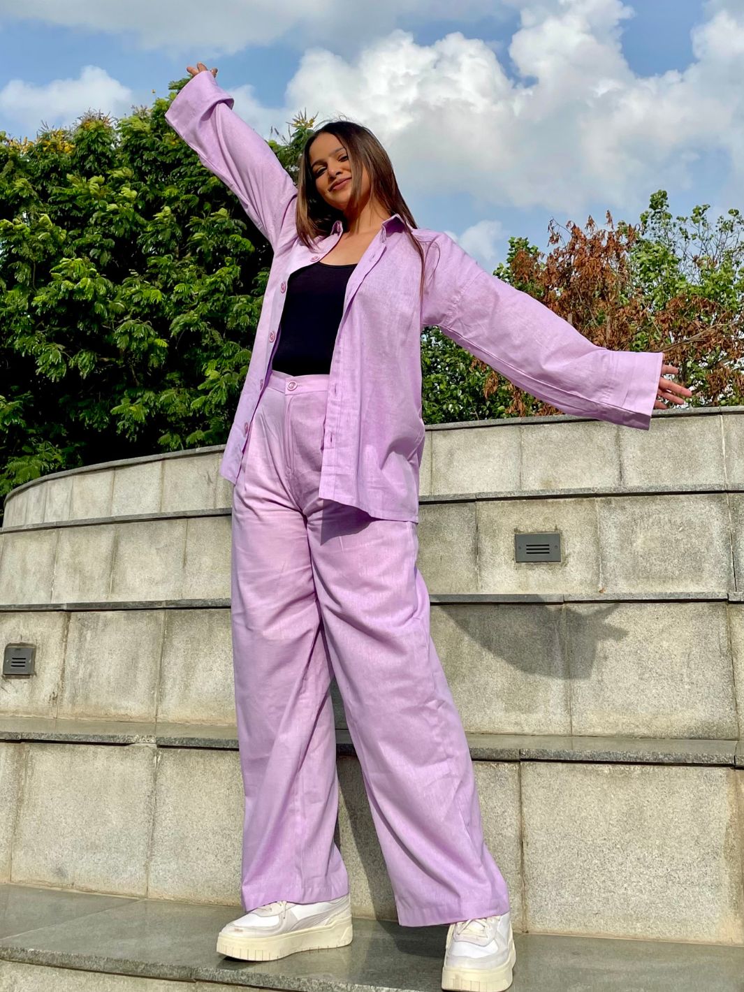 Lilac shirt and pant co-ord set for women, best-selling matching outfit, soft and stylish, perfect for casual wear, work attire, or chic summer looks.