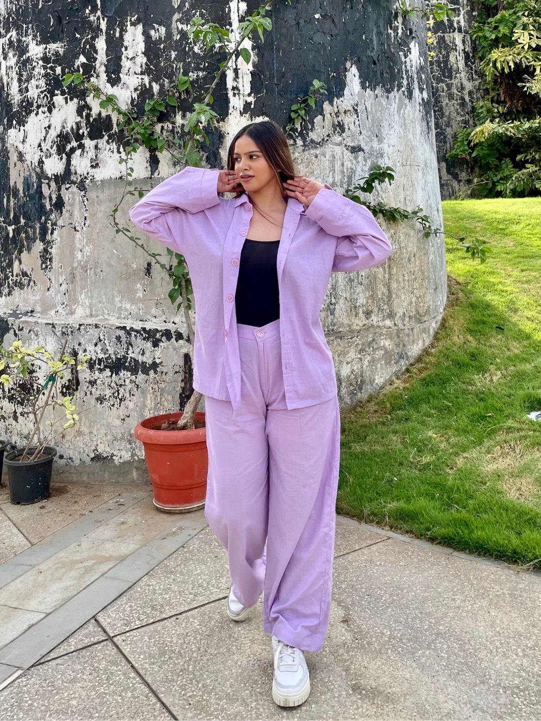 Lilac shirt and pant co-ord set for women, best-selling matching outfit, soft and stylish, perfect for casual wear, work attire, or chic summer looks.