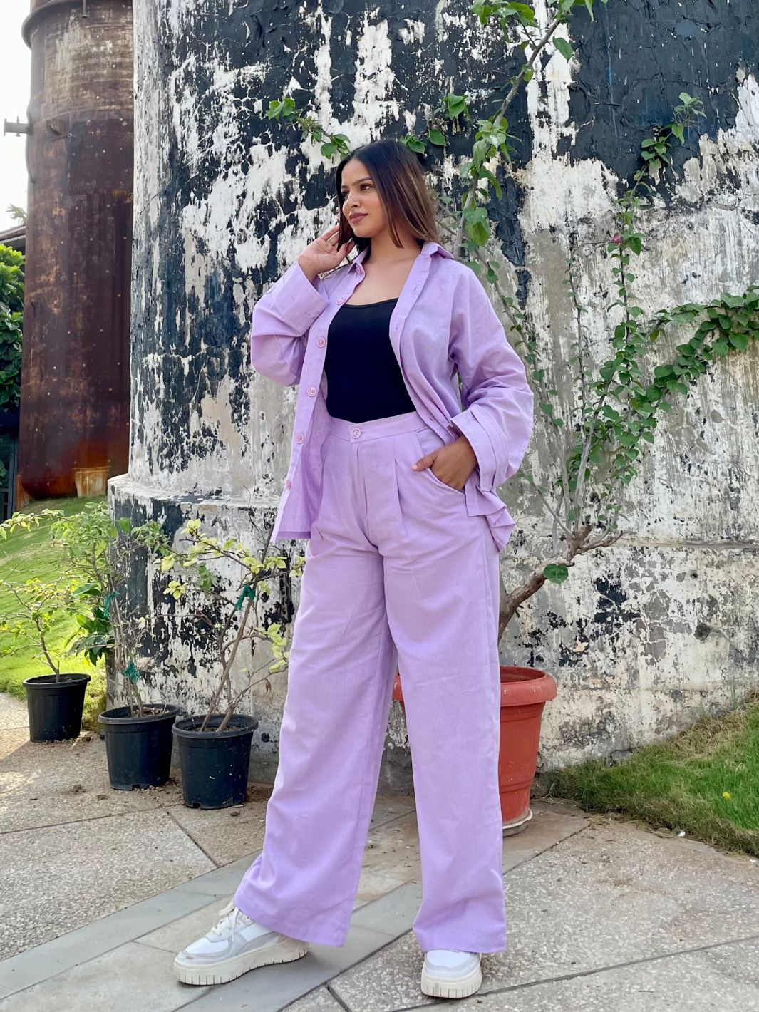 Lilac shirt and pant co-ord set for women, best-selling matching outfit, soft and stylish, perfect for casual wear, work attire, or chic summer looks.