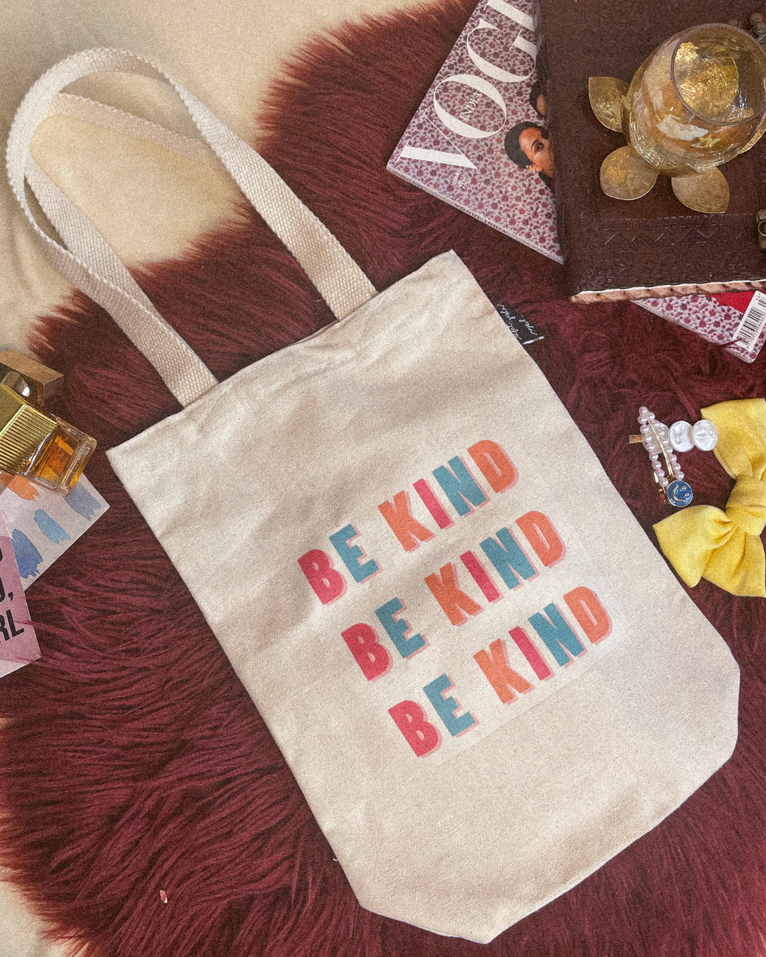 Mini canvas tote bags for women, perfect for picnics, concerts, movie nights, and casual hangouts, cute and stylish accessories to spread good vibes and kindness.