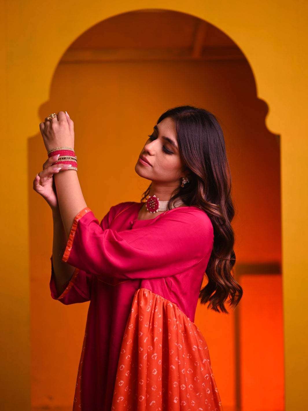 orange bandhani dress Buy Orange Chinnon Bandhani Print Wedding Wear Readymade Plazzo Suit Online From Surat Wholesale Shop