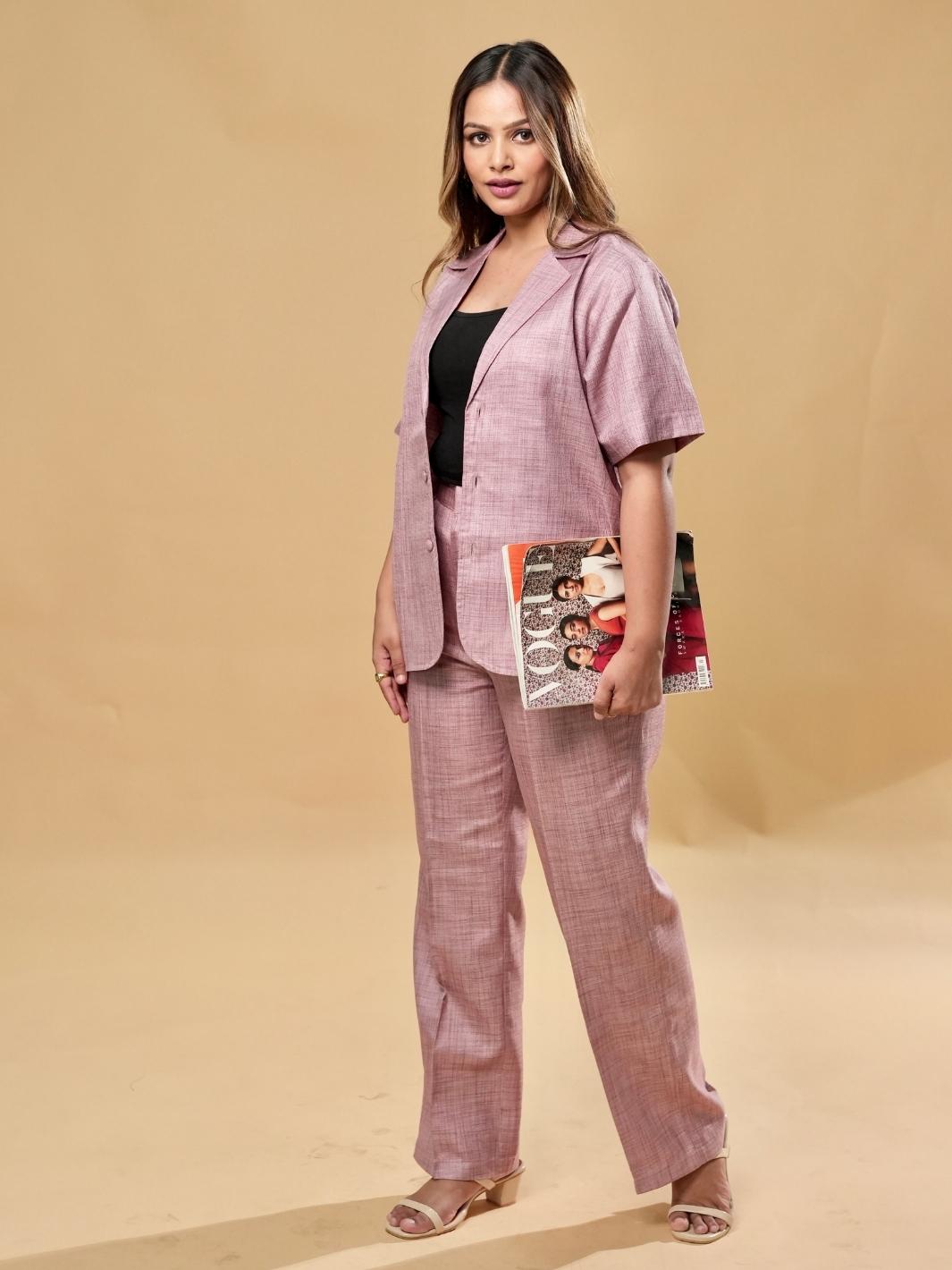 City Girl Pink Coat Pant Co-Ord Set featuring a stylish pink coat and matching pants, perfect for urban outings and sophisticated casual looks. This fashionable two-piece set is designed for women who embrace modern style.