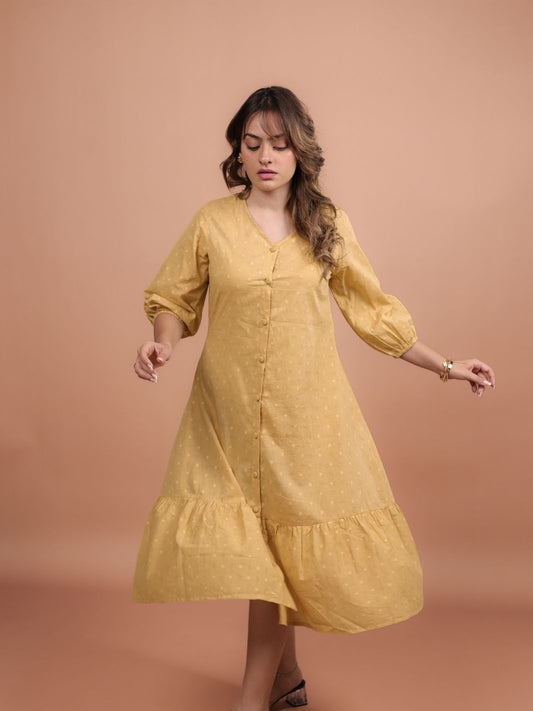 Mustard cotton tiered midi dress for women, lightweight and breathable, perfect for summer, casual outings, or boho chic style.