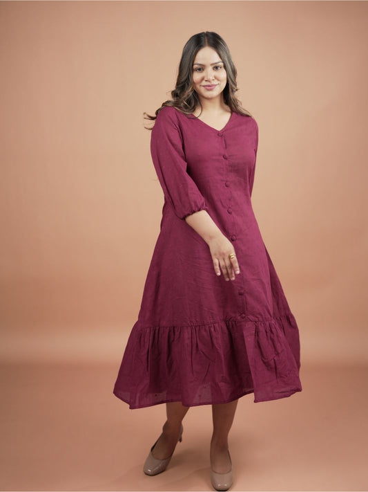 Plum cotton tiered midi dress for women, lightweight and breathable, perfect for casual outings, summer events, or boho style, featuring a flattering tiered silhouette.
