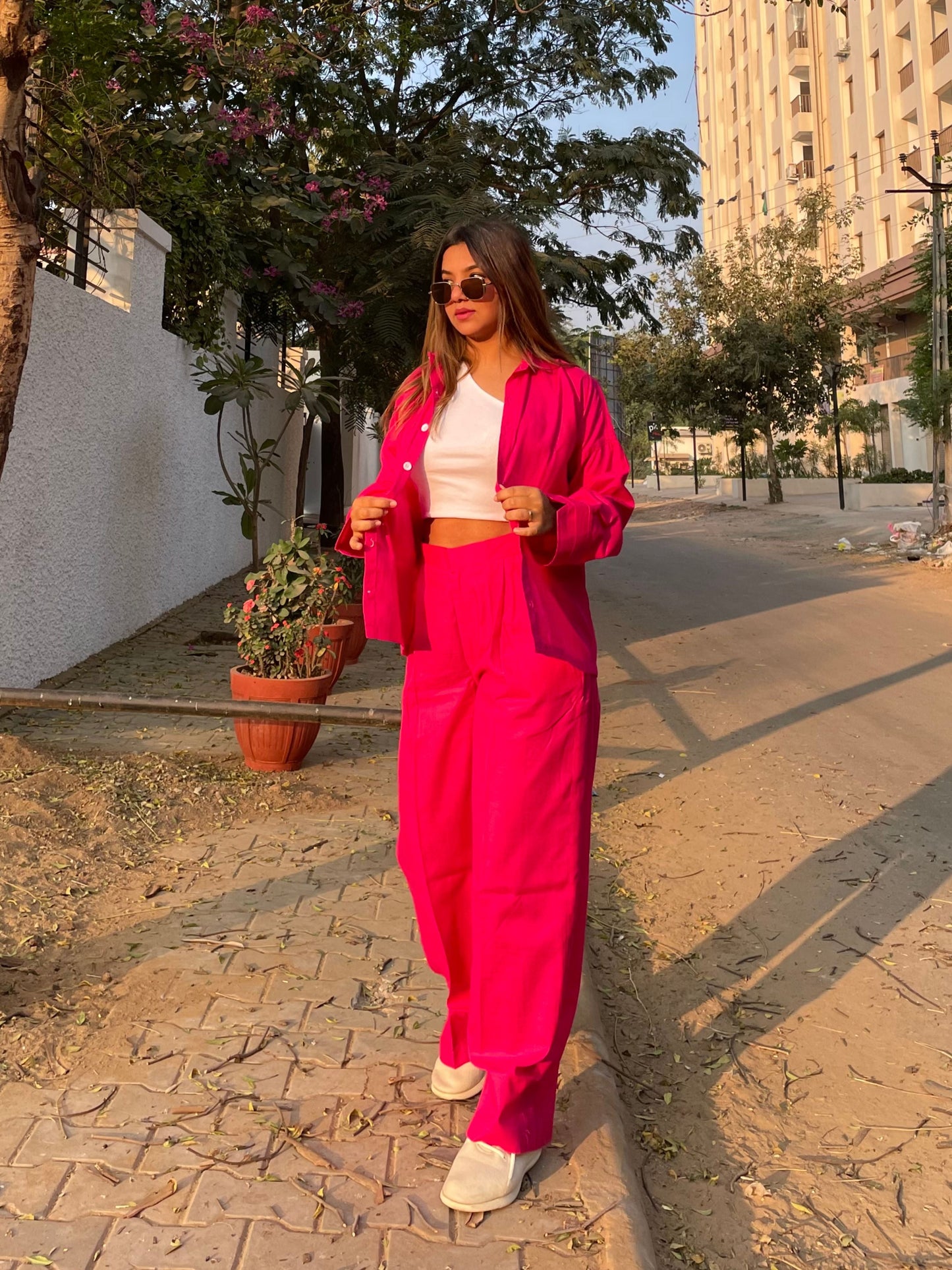 Fuchsia Pink Shirt Pant Co-Ord Set