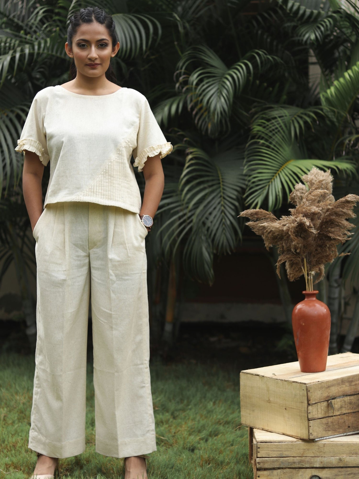 Ivory top and pant co-ord set for women, elegant matching outfit, lightweight fabric, perfect for casual wear, summer outings, or chic evening look.