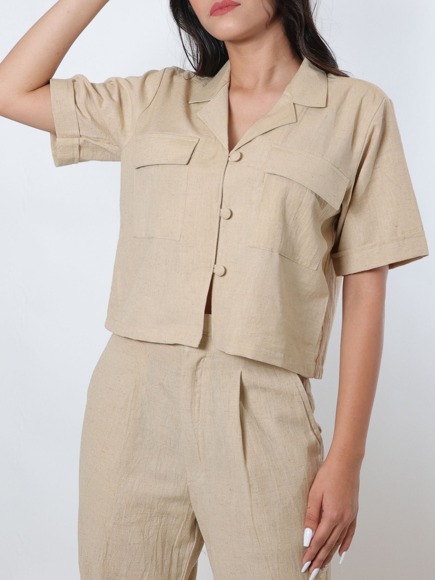 Sand Beige Shirt Cargo Pant Co Ord Set