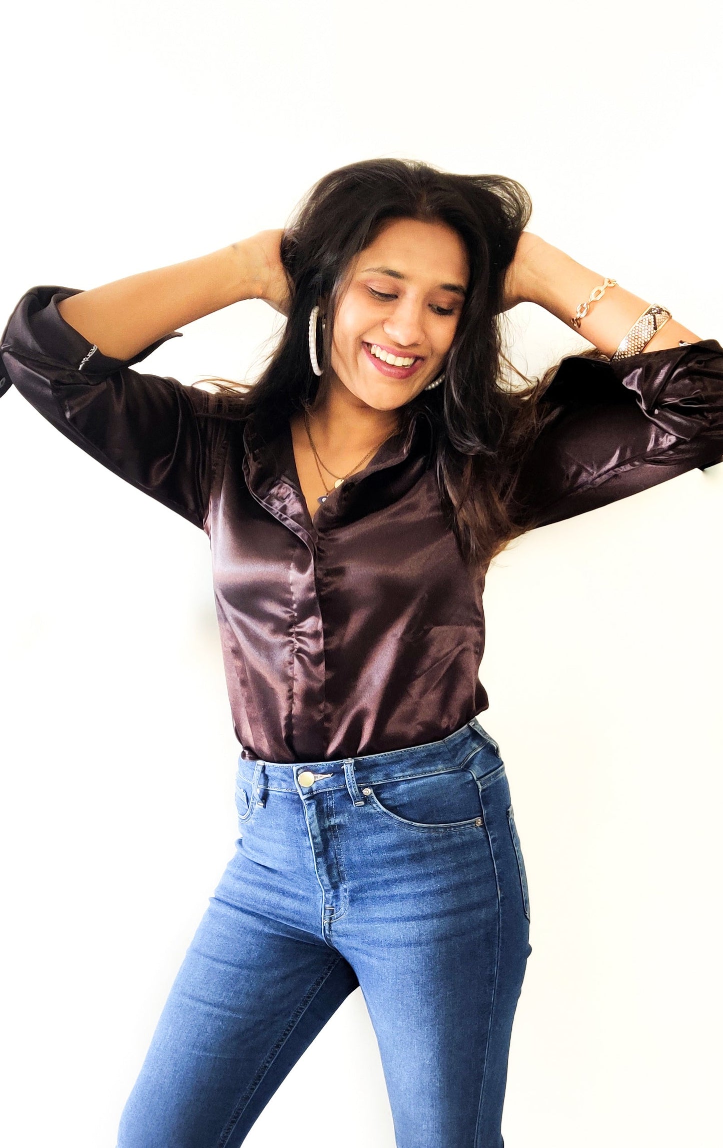 Black satin shirt for women, elegant satin blouse perfect for casual, work, or evening outfits – R&Y Apparel.