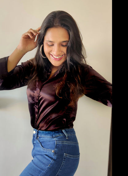 Black satin shirt for women, elegant satin blouse perfect for casual, work, or evening outfits – R&Y Apparel.