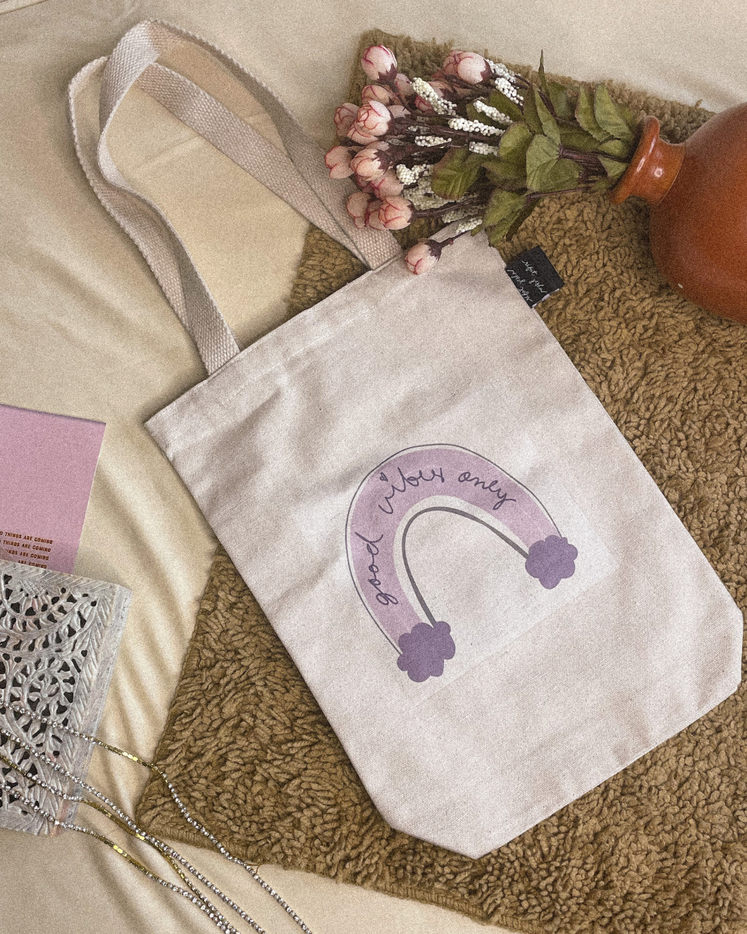 Mini canvas tote bags for women, perfect for picnics, concerts, movie nights, and casual hangouts, cute and stylish accessories to spread good vibes and kindness.